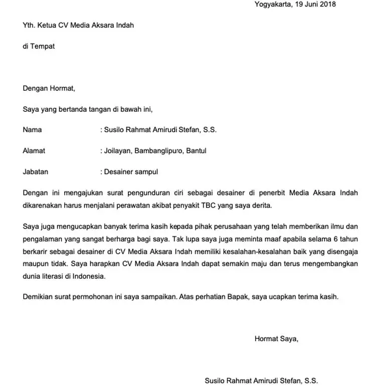 Contoh Surat Pengunduran Diri Karyawan Karena Sakit Nusagates