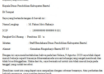 Surat izin tidak masuk bekerja karena urusan mendesak