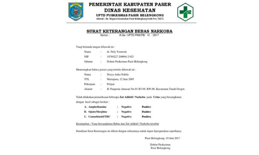 Surat Bebas Narkoba